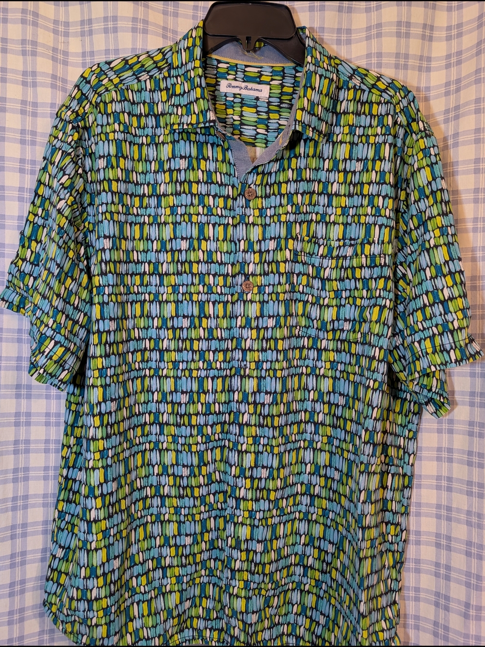 Tommy Bahama 100% Silk Green & Blue Abstract Short-Sleeve Button-Down Shirt